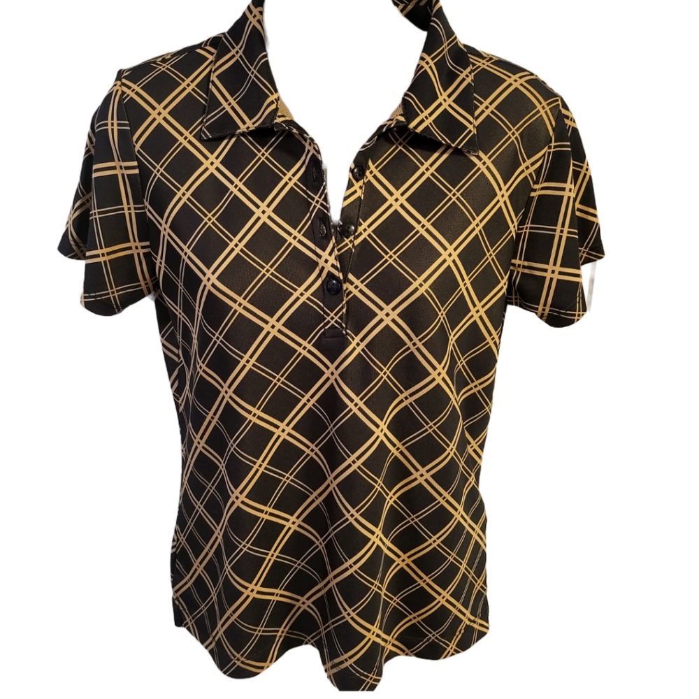 Ep Pro Tour Tech Wmns Golf Top in Brown & Yellow Cross Pliad Pattern sz S